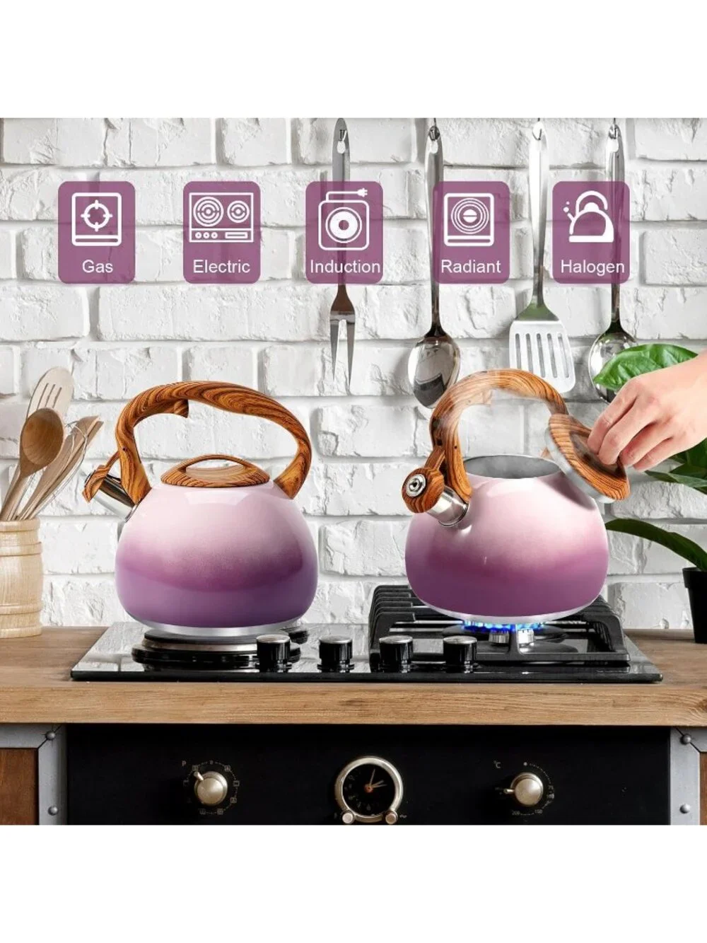 Kitchen Berry Purple Boiling Water Coffee or Milk Wood Pattern Handle Tea Kettle